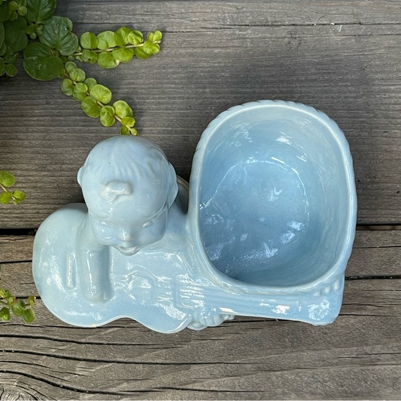 Vintage Blue Ceramic Baby and Guitar Dish or Indoor Planter - Picture 3 of 13